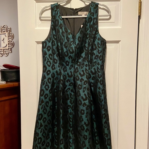 LOFT Fit & Flare Mini Green & Black Leopard Print Dress - Size 10 - Picture 2 of 11